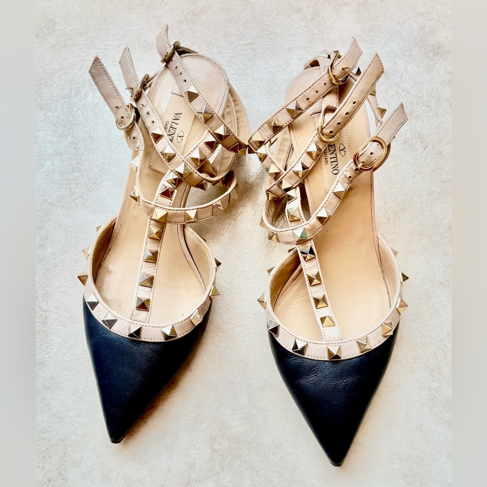 Valentino Garavani Black and Tan Studded Heels